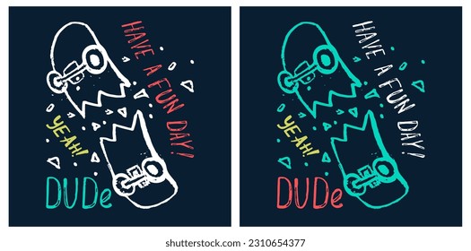 Skateboard cool summer t-shirt print design. Skater in skatepark. Have a fun day slogan. Skate grunge illustration. Sport kids typography fashion poster pattern