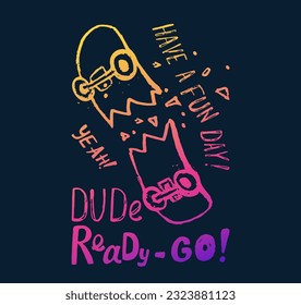 Skateboard cool summer t-shirt print design. Skater in skatepark. Have a fun day, ready go slogan. Skate grunge illustration. Sport kids typography fashion poster pattern