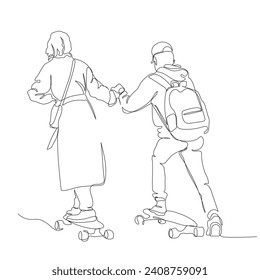 Skateboard dating. Woman supporting man to start riding. Continuous line drawing. Black and white vector illustration in line art style.