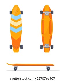 Skateboard deck. Skate board top side view, isolated longboard shape template skateboarder gear mockup design, carving skateboards with wheels, cartoon neat vector illustration of skateboard activity