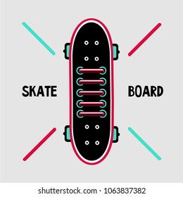 Skateboard deck with sneakers lace. Skaters shoes. Vintage amblem.