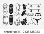skateboard, deck, wheels, trucks, wheel with fire, y key tools, broken board outline, line art, filled, glyph style icon symbol element designs set for skateboard sport and skate parts shop