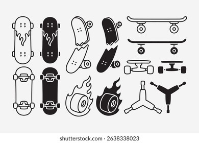 skate, deck, rodas, caminhões, roda com fogo, y ferramentas de chave, contorno de tabuleiro quebrado, arte da linha, preenchido, glifo estilo ícone símbolo elementos designs definido para esporte skate e skate peças loja