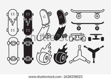 skateboard, deck, wheels, trucks, wheel with fire, y key tools, broken board outline, line art, filled, glyph style icon symbol element designs set for skateboard sport and skate parts shop