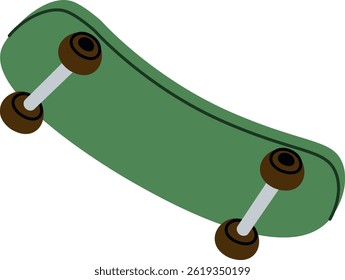 Skateboard is depicted with minimal details and a smooth style.  The board and wheels are shown in a simple, playful representation of a classic skateboarding item. Cartoon vector illustration