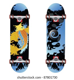 skateboard design with coy fish and water splash over halftone