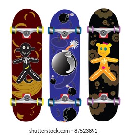 skateboard design with monkey skeleton doll toy and bomb over halftone
