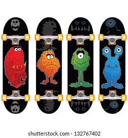 skateboard design set of four with funny monsters