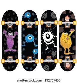 skateboard design set of four with funny aliens and monsters