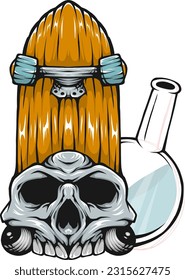 A skateboard design with a skull and a lab bottle on the side