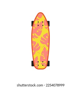Skateboard design with tropical pattern vector illustration. Urban street sport board equipment isolated on white background. Teenage leisure activity, freestyle concept