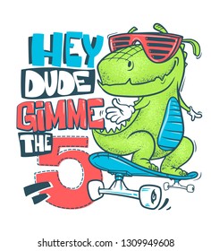 Skateboard dinosaur urban t-shirt print design, vector illustration