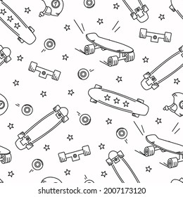 Skateboard doodle seamless pattern. Stars, wheels, longboard vector background.