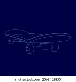 Skateboard is drawn in blue outline. The skateboard is shown in a stylized way, with the wheels and the board itself being the main focus. Concept of motion and energy