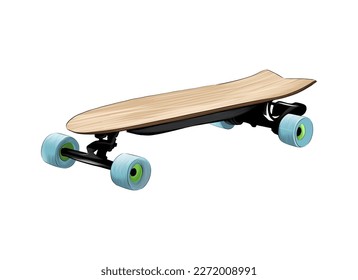 Skateboard, electric skate, longboard from multicolored paints. Splash of watercolor, colored drawing, realistic. Vector illustration of paints