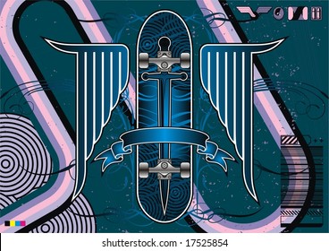 Skateboard emblazoned with sword and framed by gothic wings in blues.
