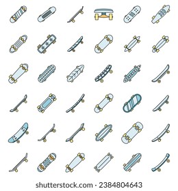 Skateboard equipment icons set. Outline set of skateboard equipment vector icons thin line color flat on white