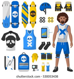 Skateboard equipment vector set. Roller skating and skateboarding protective gear. 