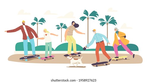 Skateboard Family Concept. Happy Characters Mother, Father, Daughter and Grandparents with Dog Skating Outdoors on Street. Summertime Activity, Healthy Sparetime. Cartoon People Vector Illustration