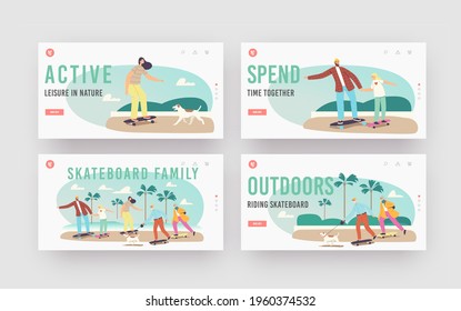 Skateboard Family Landing Page Template Set. Characters Mother, Father, Daughter and Grandparents with Dog Skating Outdoor. Summertime Activity, Healthy Sparetime. Cartoon People Vector Illustration