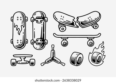 skateboard with fire, broken board, skating deck, wheel with fire, trucks and wheel, y key tools vintage outline illustration element design collection set for skater, skateboarding sport and shop