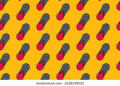skate com motivo de fogo padrão colorido em fundo amarelo. skater board com fogo queimando doodle fundo padrão sem costura para esporte skate e peças de skate loja merchandise