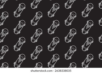 skate com fogo motif linha arte padrão sem emenda no fundo preto. skate retro com chama gravação hatching padrão fundo para skate esporte e peças de skate loja merchandise
