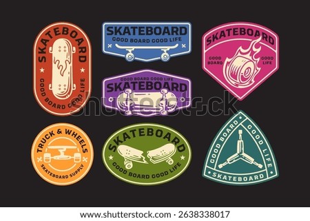 skateboard with fire, skating deck, wheel with fire, trucks and wheel, y key tools, broken board retro badge logo vector design collection set for skater, skateboarding sport and shop merchandise