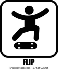 Skateboard flip trick solid black icon. Stick figure jumping above a skateboard inside a rounded square border.