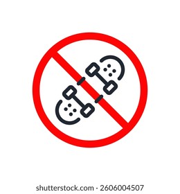 Skateboard forbidden editable stroke outline icon isolated on white background flat vector illustration. Pixel perfect.