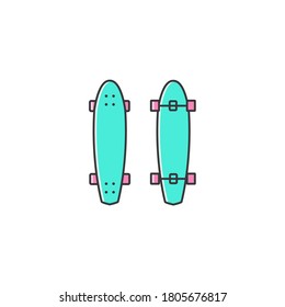Skateboard-Vorder- und Rückseite flache Farbsymbol in minimalem Design auf isoliertem weißem Hintergrund. Penny board Vektorlinezeichen, Symbol, Emblem, Element, Objekt. Cruiser-Board-Vektorgrafik.