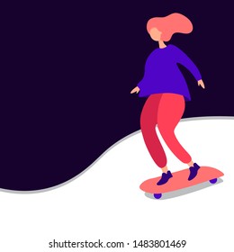 Skateboard girl with background. Sport women. Drawing for sticker, catalog, poster, cartoon, game, banner. Vector illustration