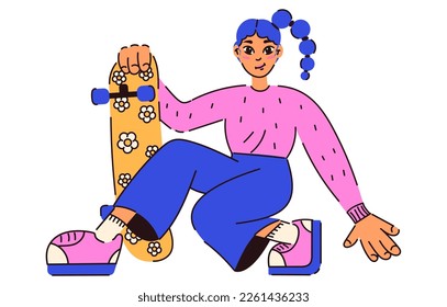 Skateboard girl character. Retro girl with blue hair on skateboard for your design. Trendy 90s style. Nostalgia for 90s - 2000s. Vector isolated. Flat style