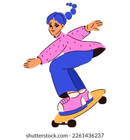 Skateboard girl character. Retro girl with blue hair on skateboard for your design. Trendy 90s style. Nostalgia for 90s - 2000s. Vector isolated. Flat style