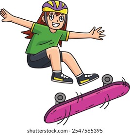 Chica de monopatín haciendo un truco de volteo Clipart de dibujos animados