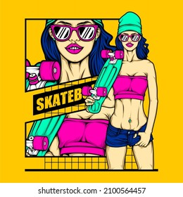skateboard girl illustration with awesome background