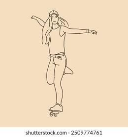 Skateboard girl. Line art drawing. Sketch outline vector illustration