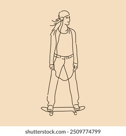 Garota de skate. Desenho de arte. Ilustração do vetor do contorno do esboço