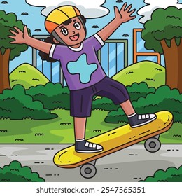 Skateboard Girl Performing Ollie Colored Cartoon