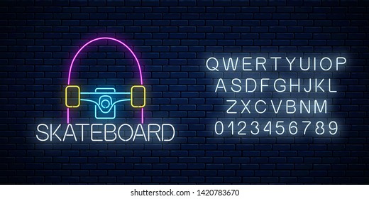 Skateboard glowing neon sign and alphabet on dark brick wall background. Skating zone symbol in neon style. Skateboard rent logo. Vector illustration.