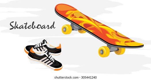 Skateboard and gumshoes. Vector