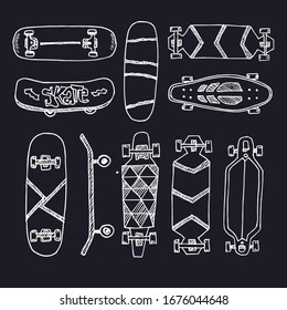 Skateboard hand drawn set. Vector illustration. 