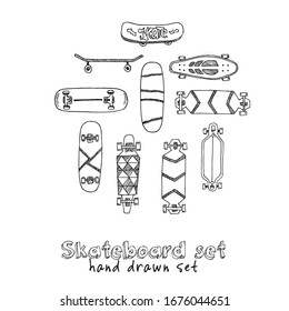 Skateboard hand drawn set. Vector illustration. 