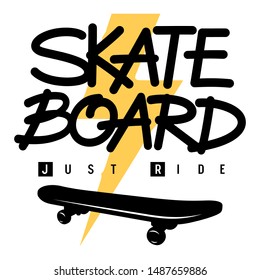 Skateboard handmade lettering for t shirt design. T-shirt print on the topic of skateboarding. Vector illustration with sport typography, lightning and a skateboard silhouette