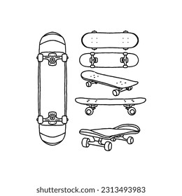 Skateboard handgezeichnet doodle illustration Vektorset