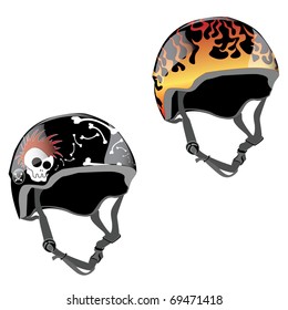 skateboard helmet design with fire and skull with mohawk and bones