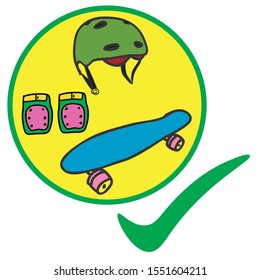 Skateboard, helmet and knee pads in circle with check mark. Warning poster about protection in time riding on skateboard. Rules for active sports.