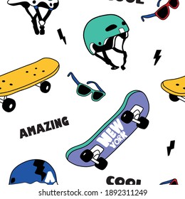 Skateboard, helmet seamless pattern.Skateboard, sunglasses drawing.Fun t-shirt design for kids.Vector illustration design for fashion fabrics, textile graphics, print.