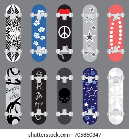 Skateboard icon collection. Flat design set. Colorful skateboard objects set on gray background. Vector illustration.
