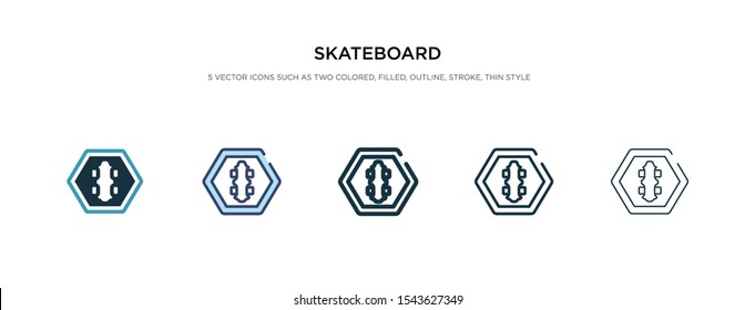 skateboard icon in different style vector illustration. two colored and black skateboard vector icons designed in filled, outline, line and stroke style can be used for web, mobile, ui